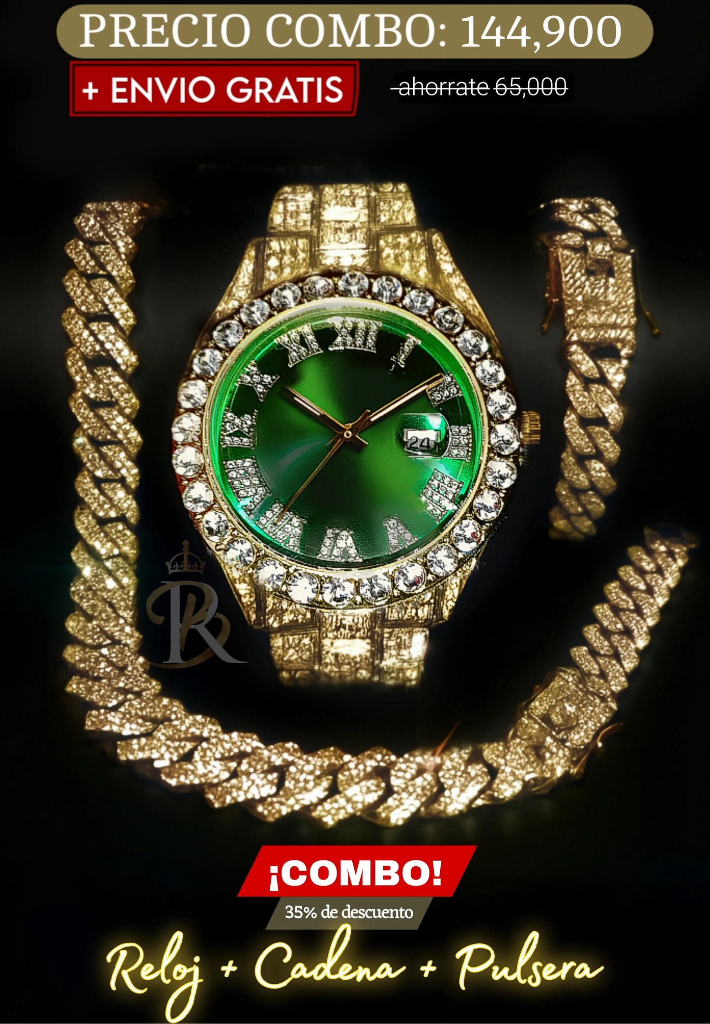 COMBO RELOJ VERDE + CADENA + PULSERA (Dorado)
