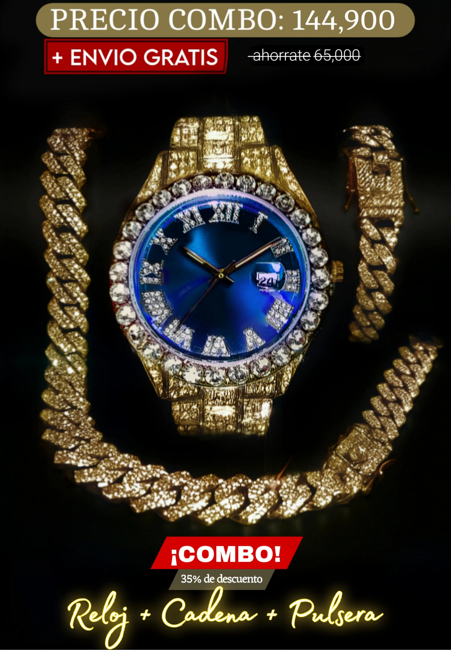 COMBO RELOJ AZUL + CADENA + PULSERA (Dorado)