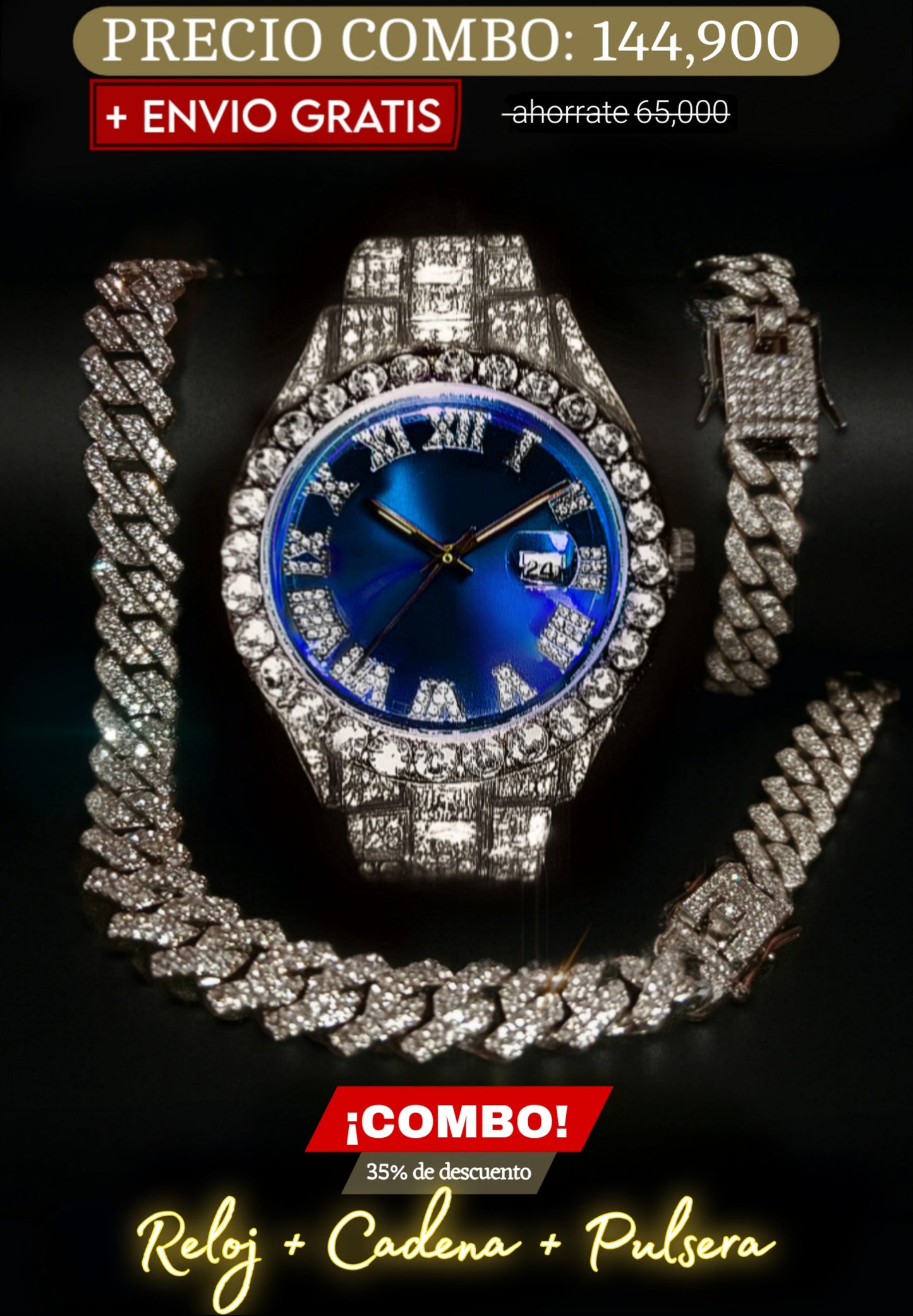 COMBO RELOJ AZUL + CADENA + PULSERA (Plateado)