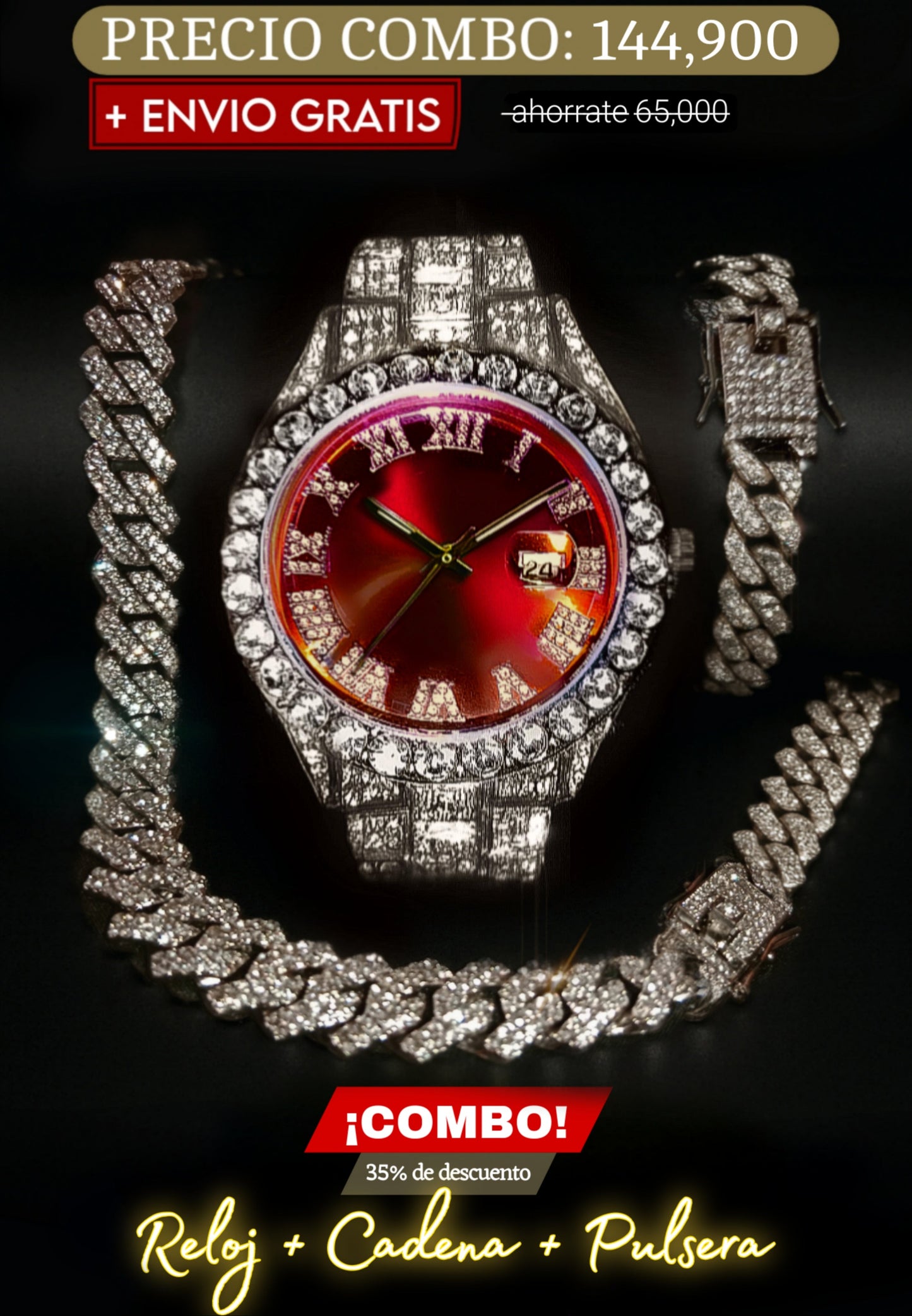 COMBO RELOJ ROJO + CADENA + PULSERA (Plateado)