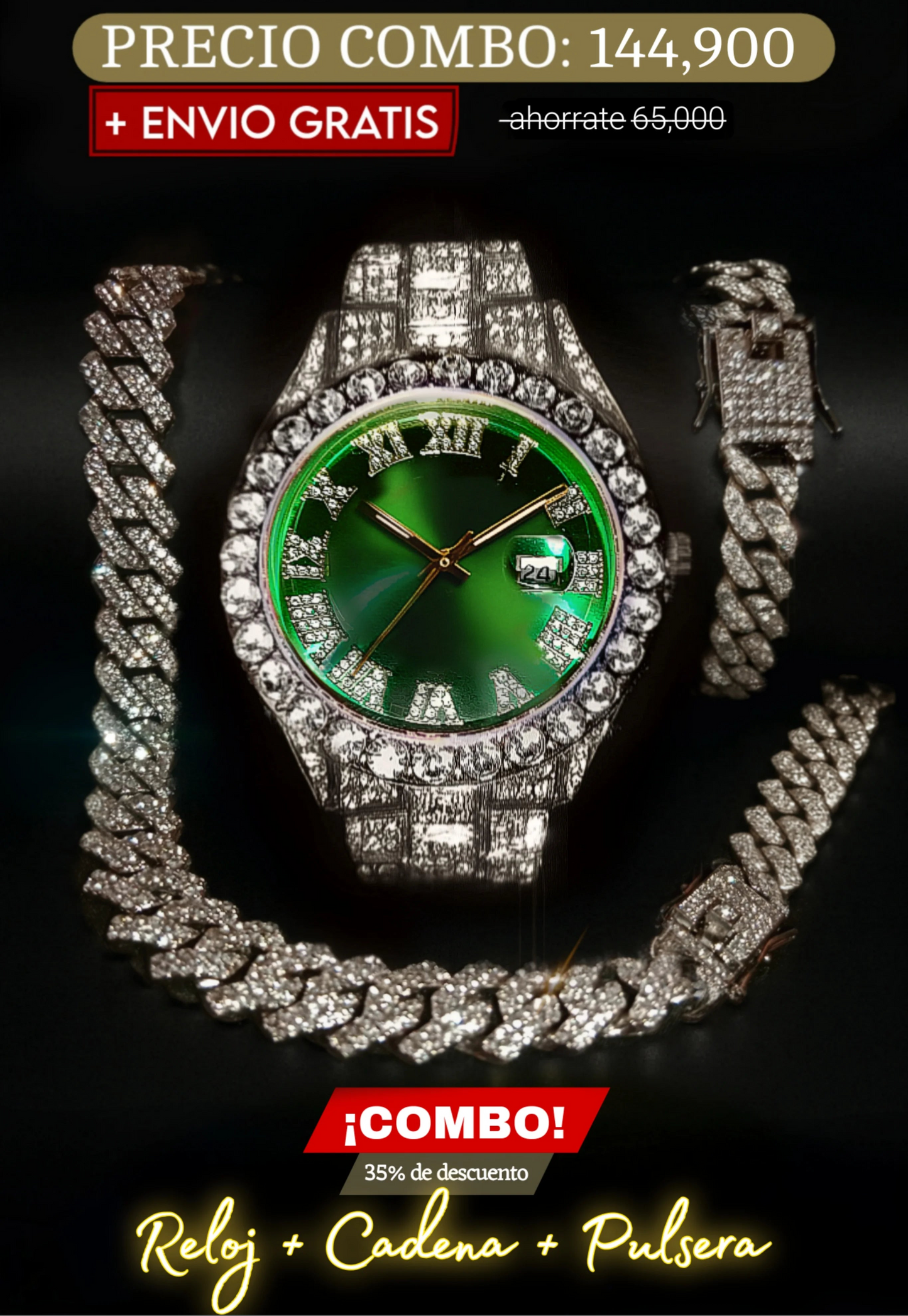 COMBO RELOJ VERDE + CADENA + PULSERA (Plateado)