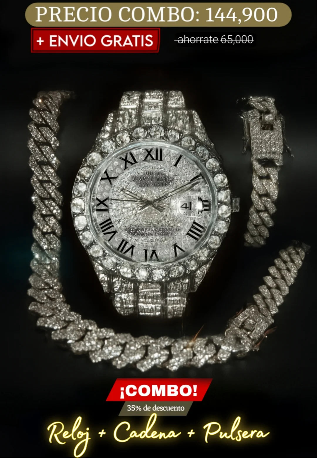 COMBO RELOJ SILVER + CADENA + PULSERA (Plateado)