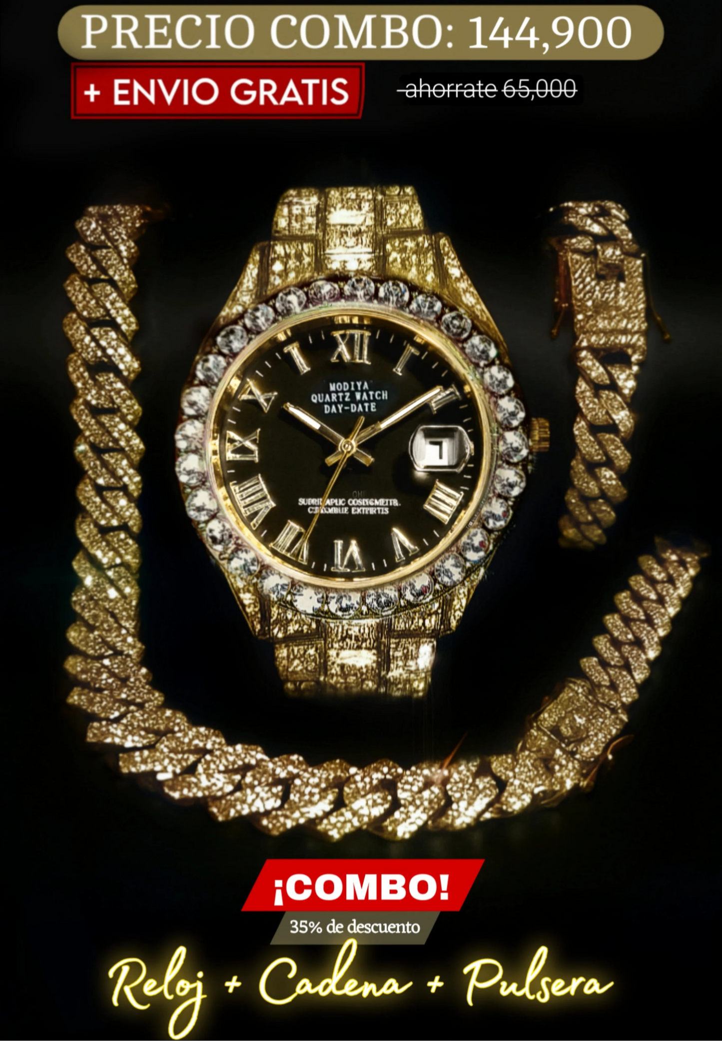 COMBO RELOJ BLACK + CADENA + PULSERA (Dorado)