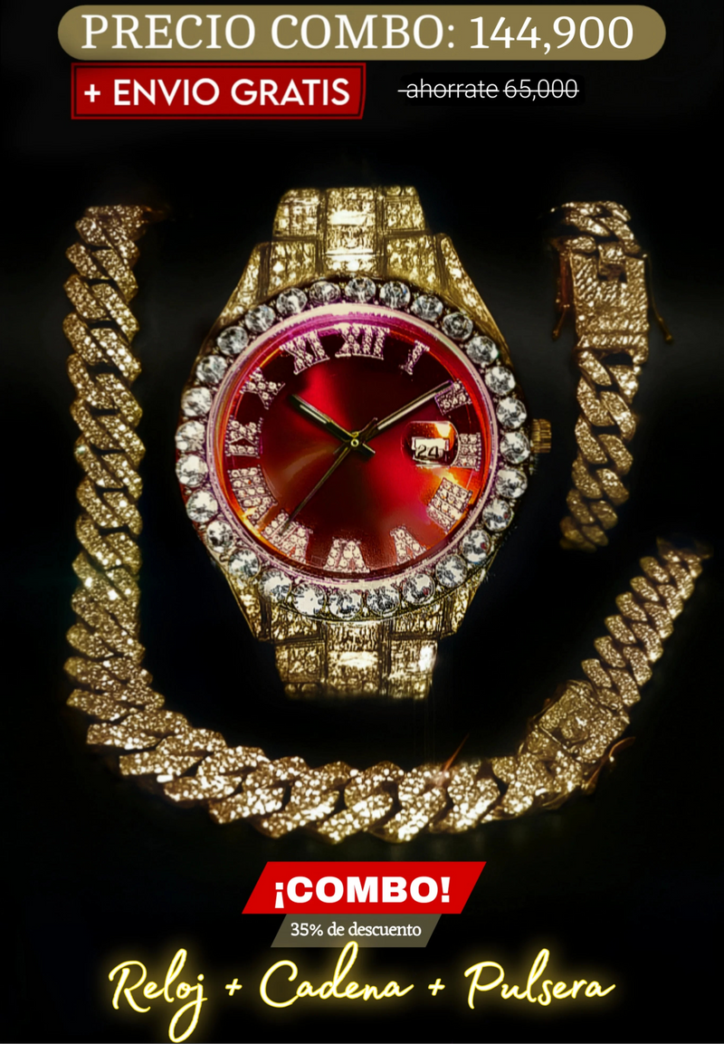 COMBO RELOJ ROJO + CADENA + PULSERA (Dorado)