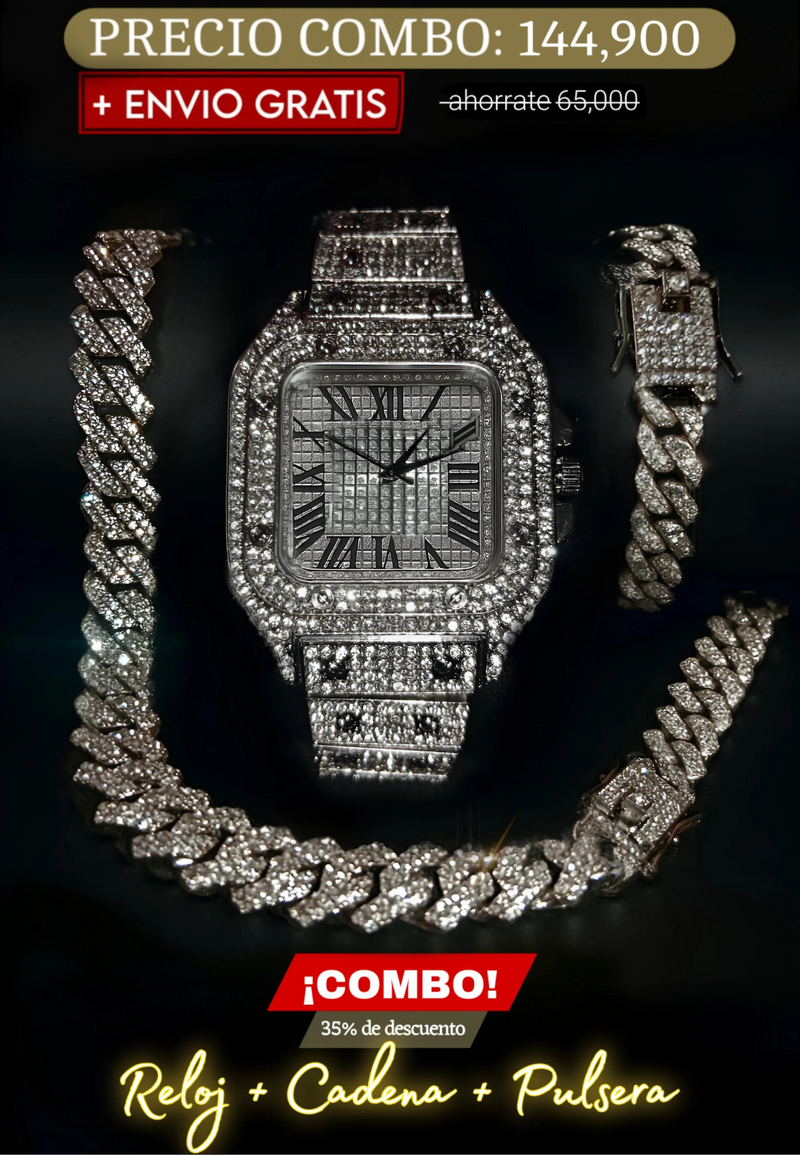 COMBO RELOJ CRT + CADENA + PULSERA (Plateado)
