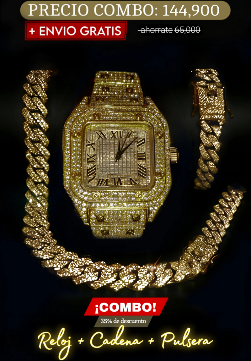 COMBO RELOJ CRT + CADENA + PULSERA (Dorado)